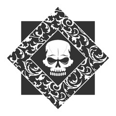 Skull graffiti stencil with floral retro pattern frame. T-shirt print monochrome vintage design on white background. Black tattoo or logo vector concept