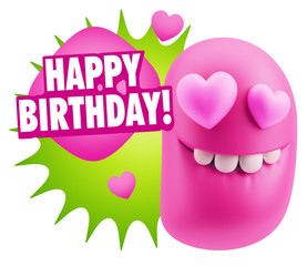3d Rendering. Emoji in love with heart eyes saying Happy Birthda