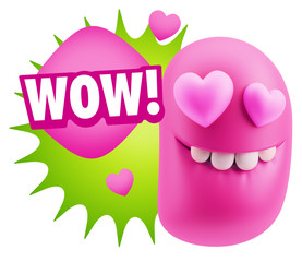 3d Rendering. Emoji in love with heart eyes saying Wow with Colo