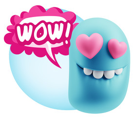 3d Rendering. Emoji in love with heart eyes saying Wow with Colo