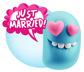 3d Rendering. Emoji in love with heart eyes saying Just Married