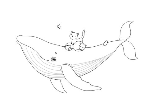 Big beautiful pink whale and three cute little gray kitten.