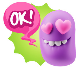 3d Rendering. Emoji in love with heart eyes saying Ok with Color