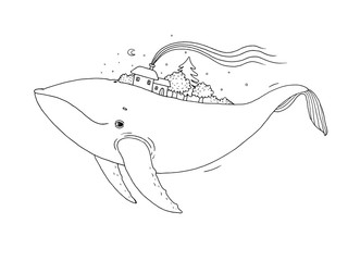 Fototapeta na wymiar Big beautiful whale with houses and trees in the back.