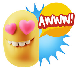 3d Rendering. Emoji in love with heart eyes saying Awww with Col