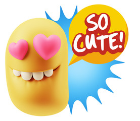 3d Rendering. Emoji in love with heart eyes saying So Cute with