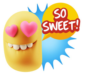 3d Rendering. Emoji in love with heart eyes saying So Sweet with