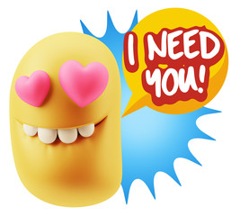 3d Rendering. Emoji in love with heart eyes saying I Need You wi