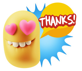 3d Rendering. Emoji in love with heart eyes saying Thanks with C
