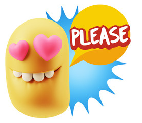 3d Rendering. Emoji in love with heart eyes saying Please with C