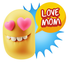 3d Rendering. Emoji in love with heart eyes saying Love Mom with