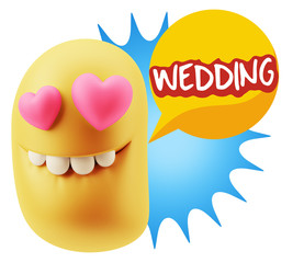 3d Rendering. Emoji in love with heart eyes saying Wedding with
