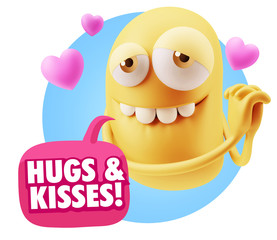  3d Rendering. Emoji in love with hearts shapes saying Hugs And
