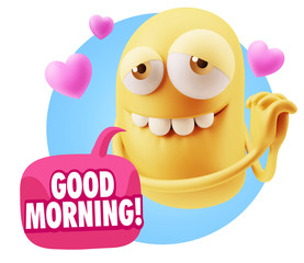  3d Rendering. Emoji in love with hearts shapes saying Good Morn