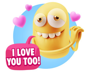  3d Rendering. Emoji in love with hearts shapes saying I Love Yo