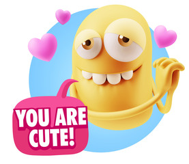  3d Rendering. Emoji in love with hearts shapes saying You Are C