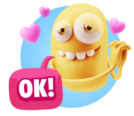  3d Rendering. Emoji in love with hearts shapes saying Ok with C