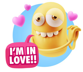  3d Rendering. Emoji in love with hearts shapes saying I'm in Lo