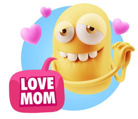  3d Rendering. Emoji in love with hearts shapes saying Love Mom