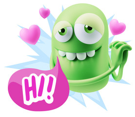  3d Rendering. Emoji in love with hearts shapes saying Hi with C