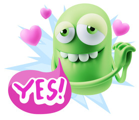  3d Rendering. Emoji in love with hearts shapes saying Yes with