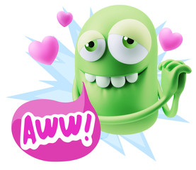  3d Rendering. Emoji in love with hearts shapes saying Awww with