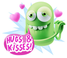  3d Rendering. Emoji in love with hearts shapes saying Hugs And