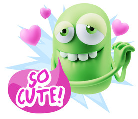  3d Rendering. Emoji in love with hearts shapes saying So Cute w