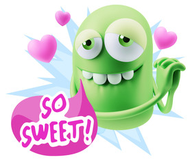  3d Rendering. Emoji in love with hearts shapes saying So Sweet