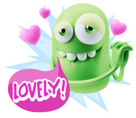  3d Rendering. Emoji in love with hearts shapes saying Lovely wi