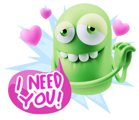 3d Rendering. Emoji in love with hearts shapes saying I Need Yo