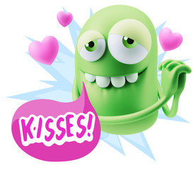 3d Rendering. Emoji in love with hearts shapes saying Kisses wi