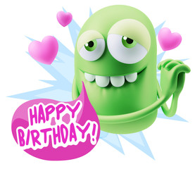  3d Rendering. Emoji in love with hearts shapes saying Happy Bir