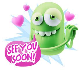  3d Rendering. Emoji in love with hearts shapes saying See You S