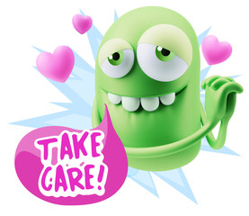  3d Rendering. Emoji in love with hearts shapes saying Take Care