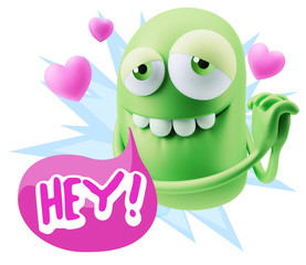  3d Rendering. Emoji in love with hearts shapes saying Hey with