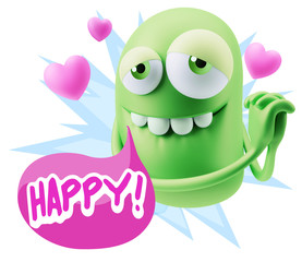  3d Rendering. Emoji in love with hearts shapes saying Happy wit