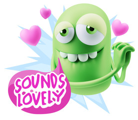  3d Rendering. Emoji in love with hearts shapes saying Sounds Lo