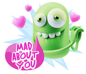  3d Rendering. Emoji in love with hearts shapes saying Mad About