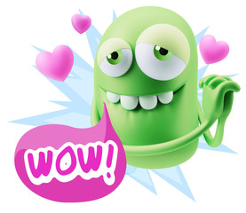  3d Rendering. Emoji in love with hearts shapes saying Wow with