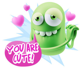  3d Rendering. Emoji in love with hearts shapes saying You Are C