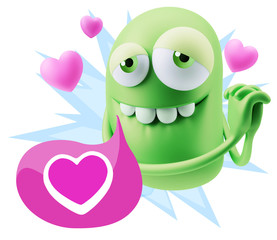  3d Rendering. Emoji in love with hearts shapes saying Love with