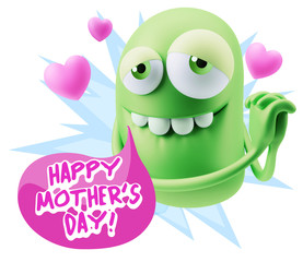  3d Rendering. Emoji in love with hearts shapes saying Happy Mot