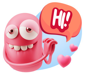  3d Rendering. Emoji in love with hearts shapes saying Hi with C