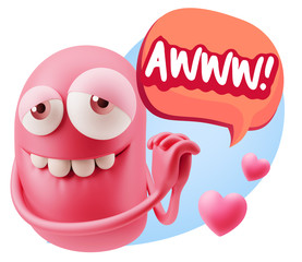  3d Rendering. Emoji in love with hearts shapes saying Awww with