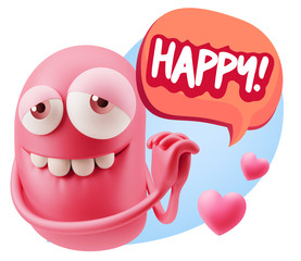  3d Rendering. Emoji in love with hearts shapes saying Happy wit