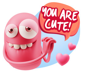  3d Rendering. Emoji in love with hearts shapes saying You Are C