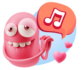  3d Rendering. Emoji in love with hearts shapes saying Music Sym