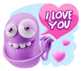  3d Rendering. Emoji in love with hearts shapes saying I Love Yo