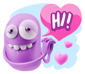  3d Rendering. Emoji in love with hearts shapes saying Hi with C